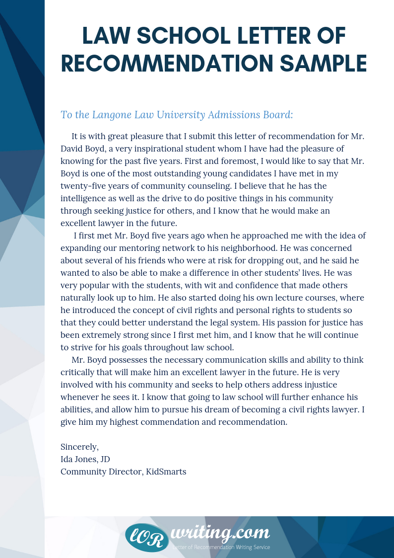 law school application letter of recommendation