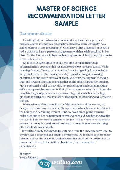 Letter of Recommendation for MSc Program | MSc LoR Sample