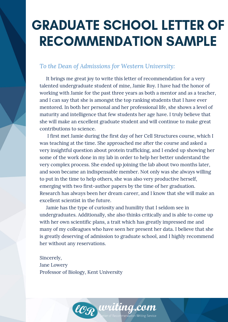 graduate application letter of recommendation